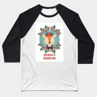 Season’s Greetings, Merry Christmas, greetingcard with a cute little deer in the snow Baseball T-Shirt